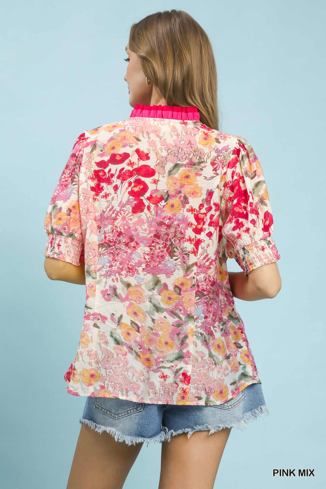 Floral Contrast Pleat Neck Top, image 2