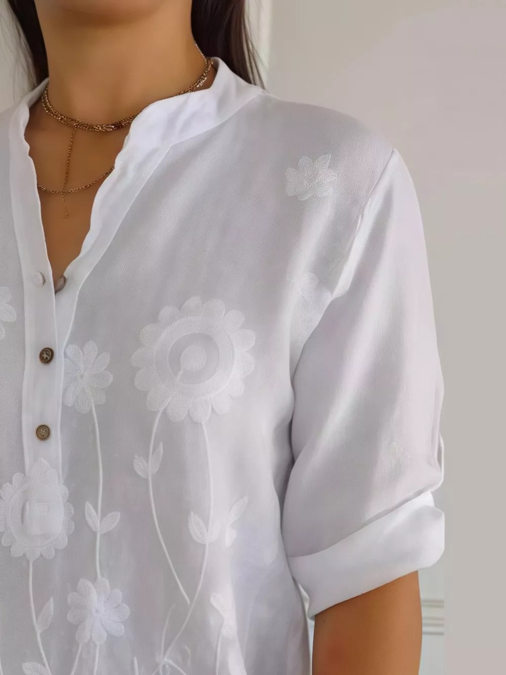 Full Size Floral Embroidered Button Detail Blouse Plus Size, image 7