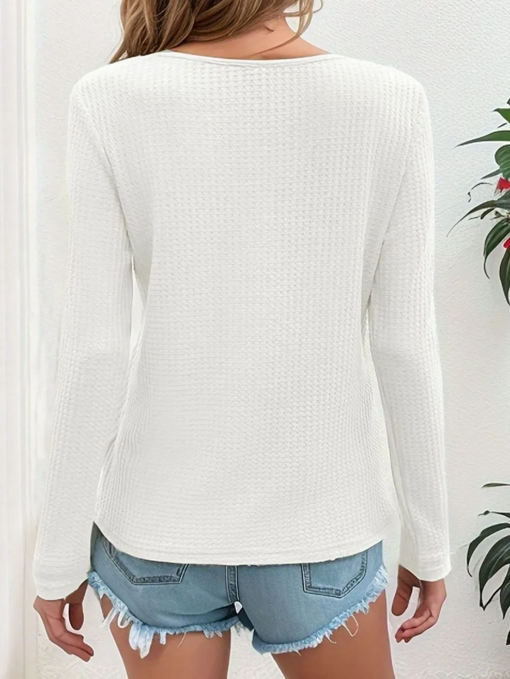 Waffle-Knit V-Neck Long Sleeve Top, image 2