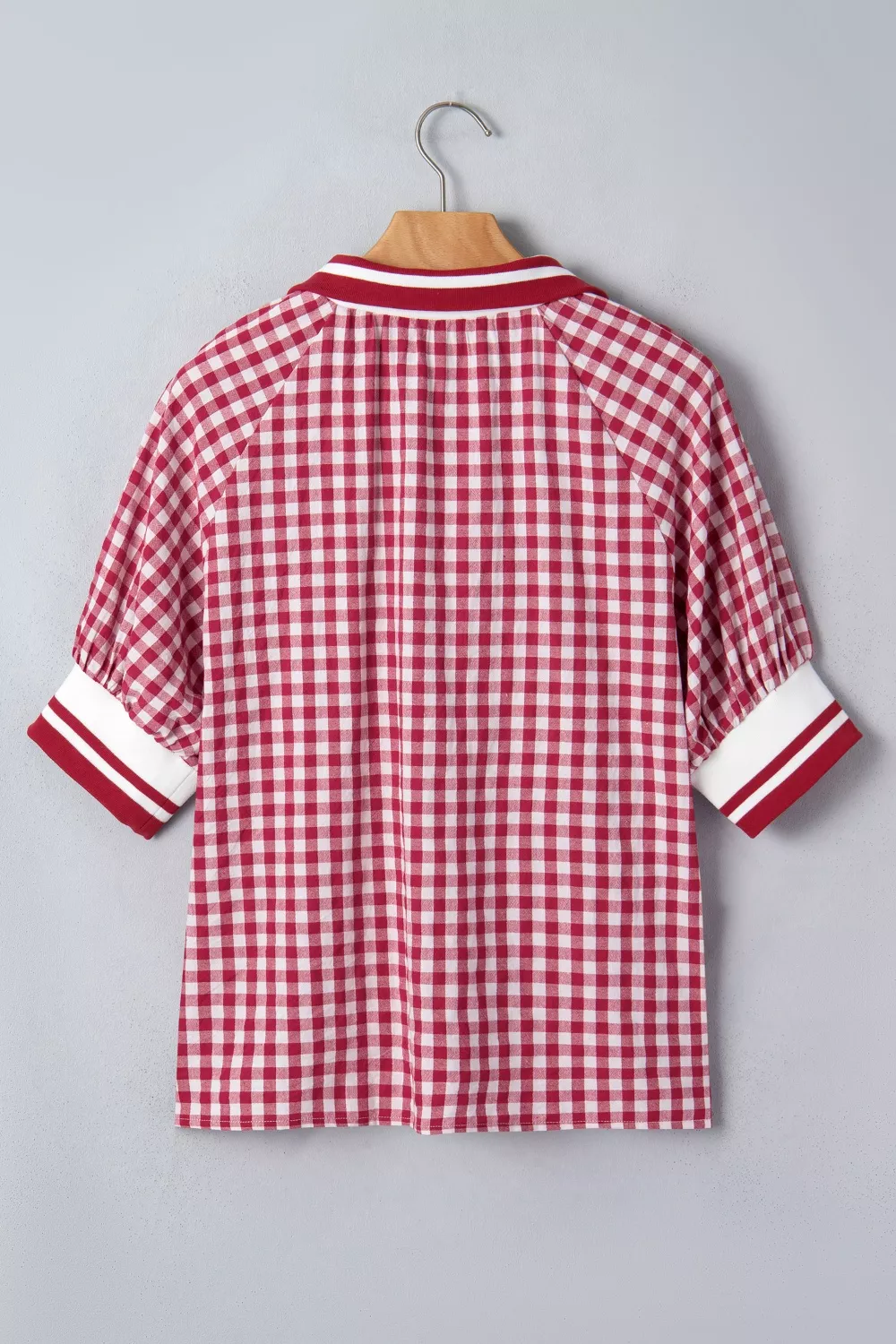 Gingham Puff Sleeve Quarter Zip Blouse, image 7