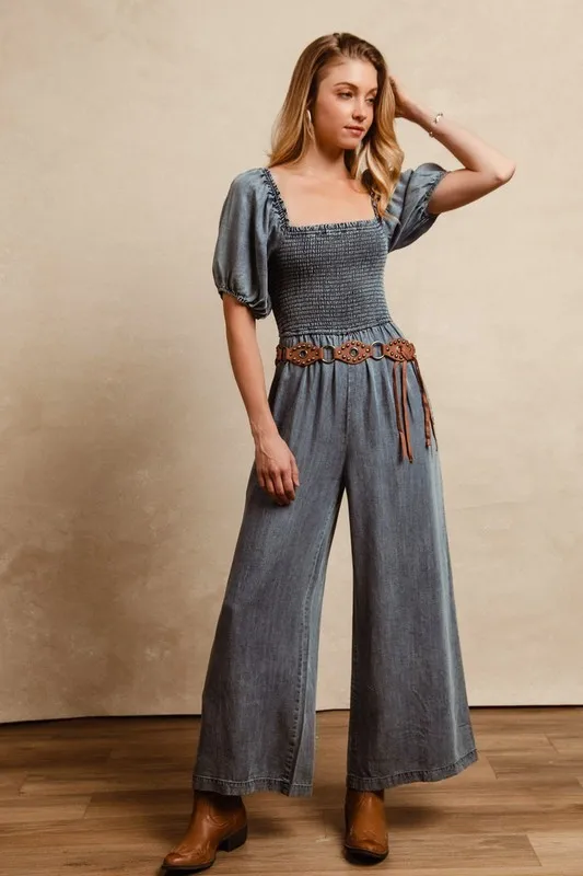 Smocked Washed Puff Sleeve Square Neck Denim Jumpsuit, image 2
