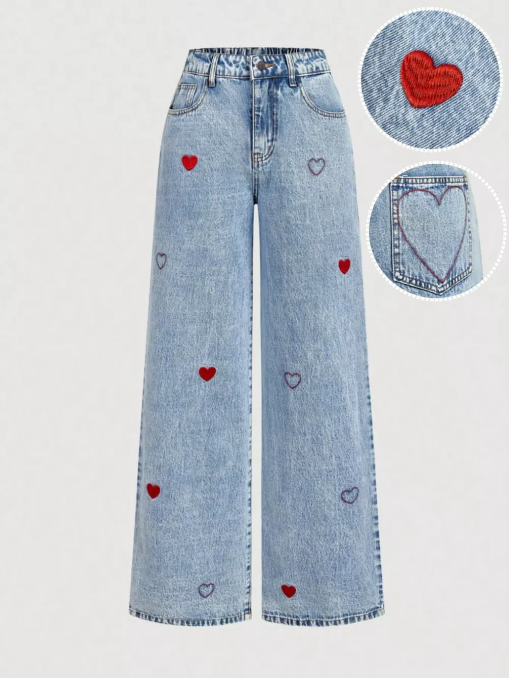 Embroidered Heart Wide-Leg Jeans