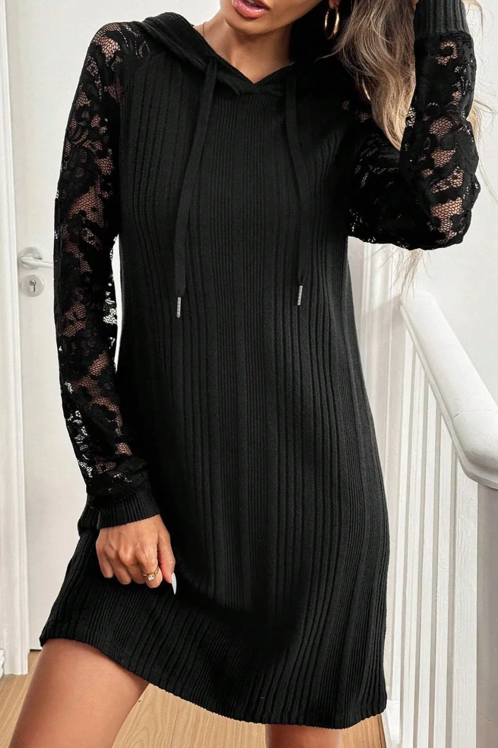 Lace Patchwork Long Sleeve Hooded Dress, image 2