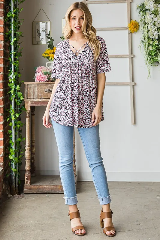 Full Size Short Sleeve Crisscross Animal Babydoll Top Plus Size, image 2