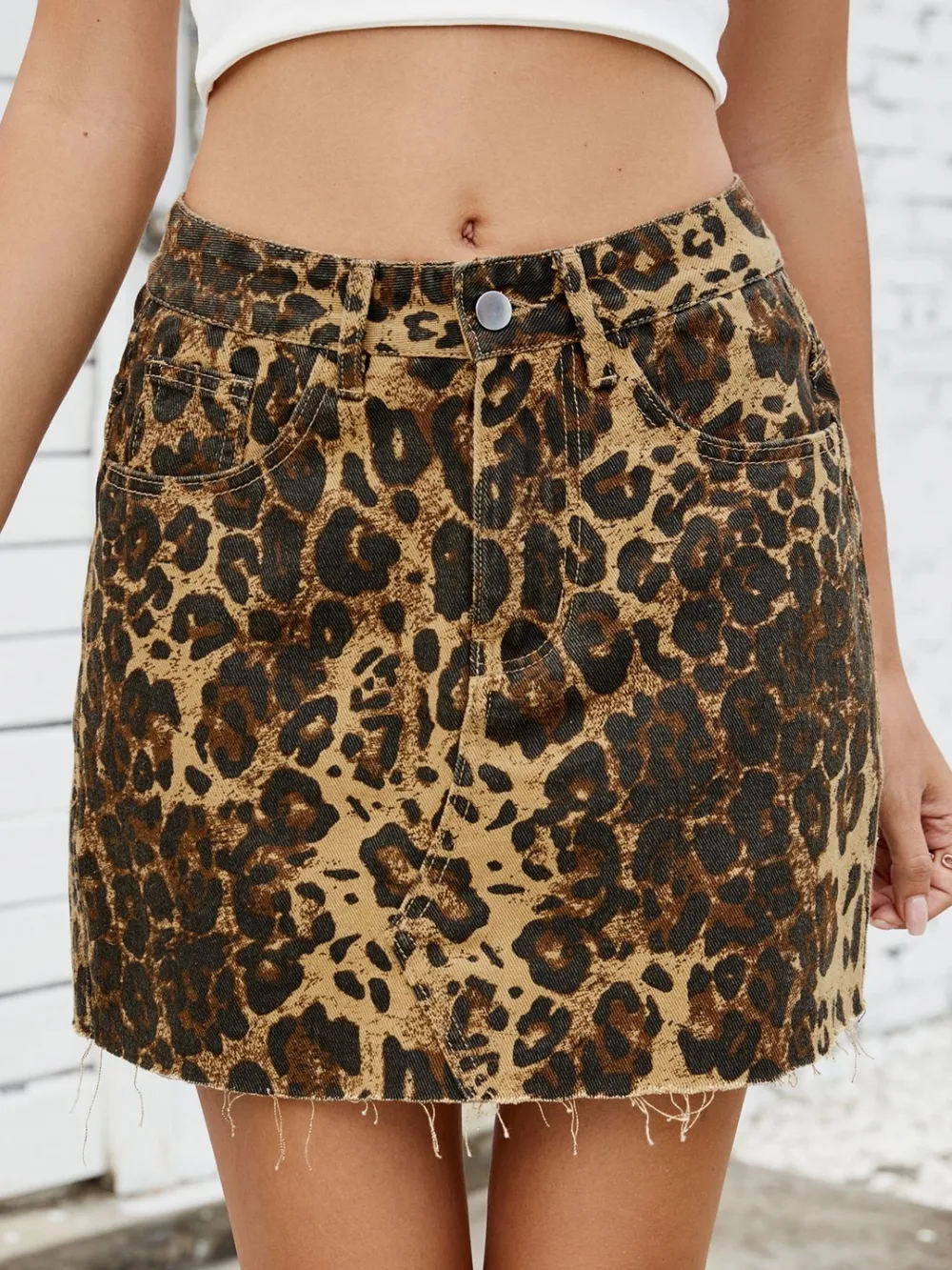 Raw Hem Leopard Denim Skirt, image 2