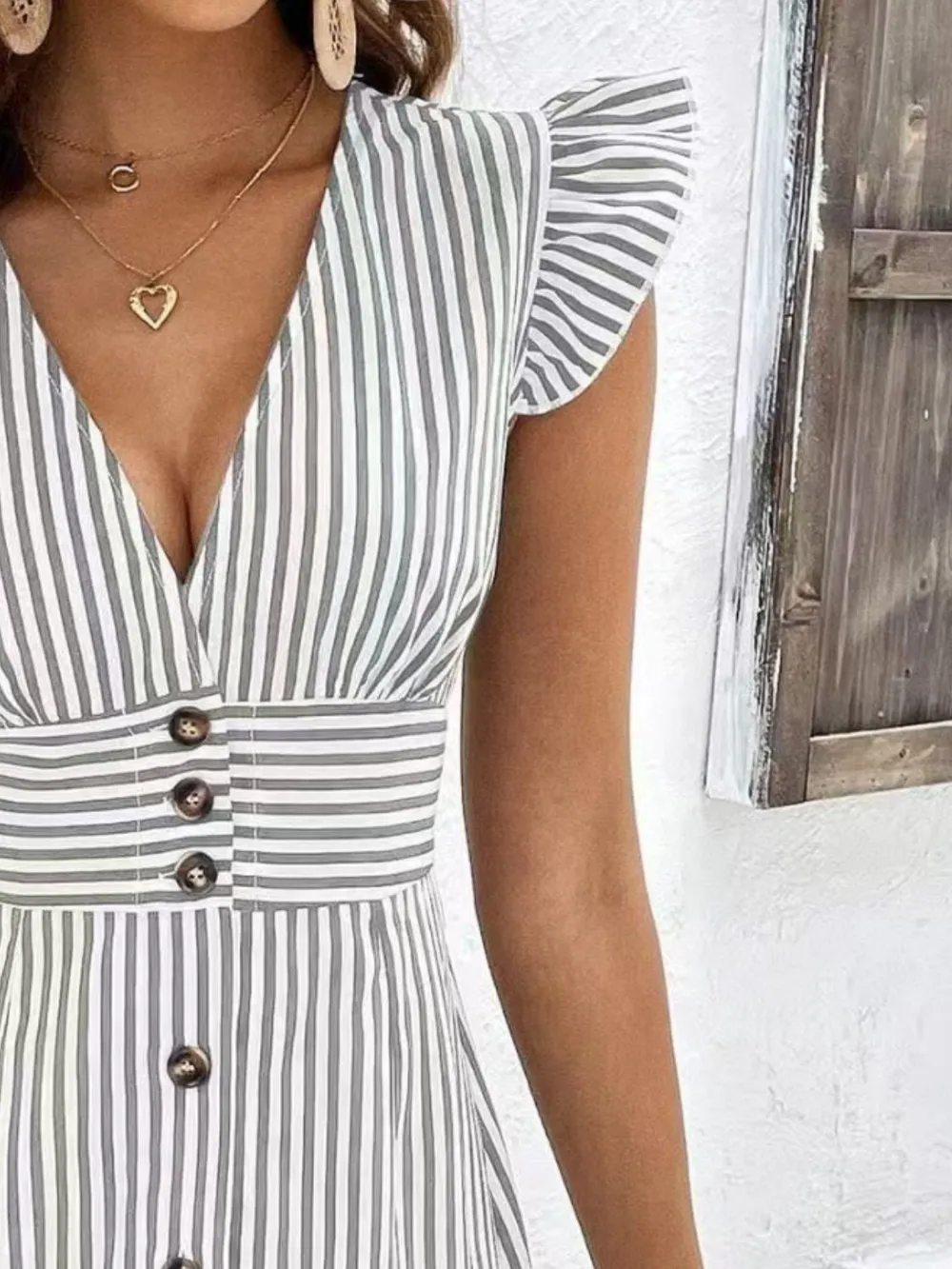 Striped Button Front Cap Sleeve Dress, image 3