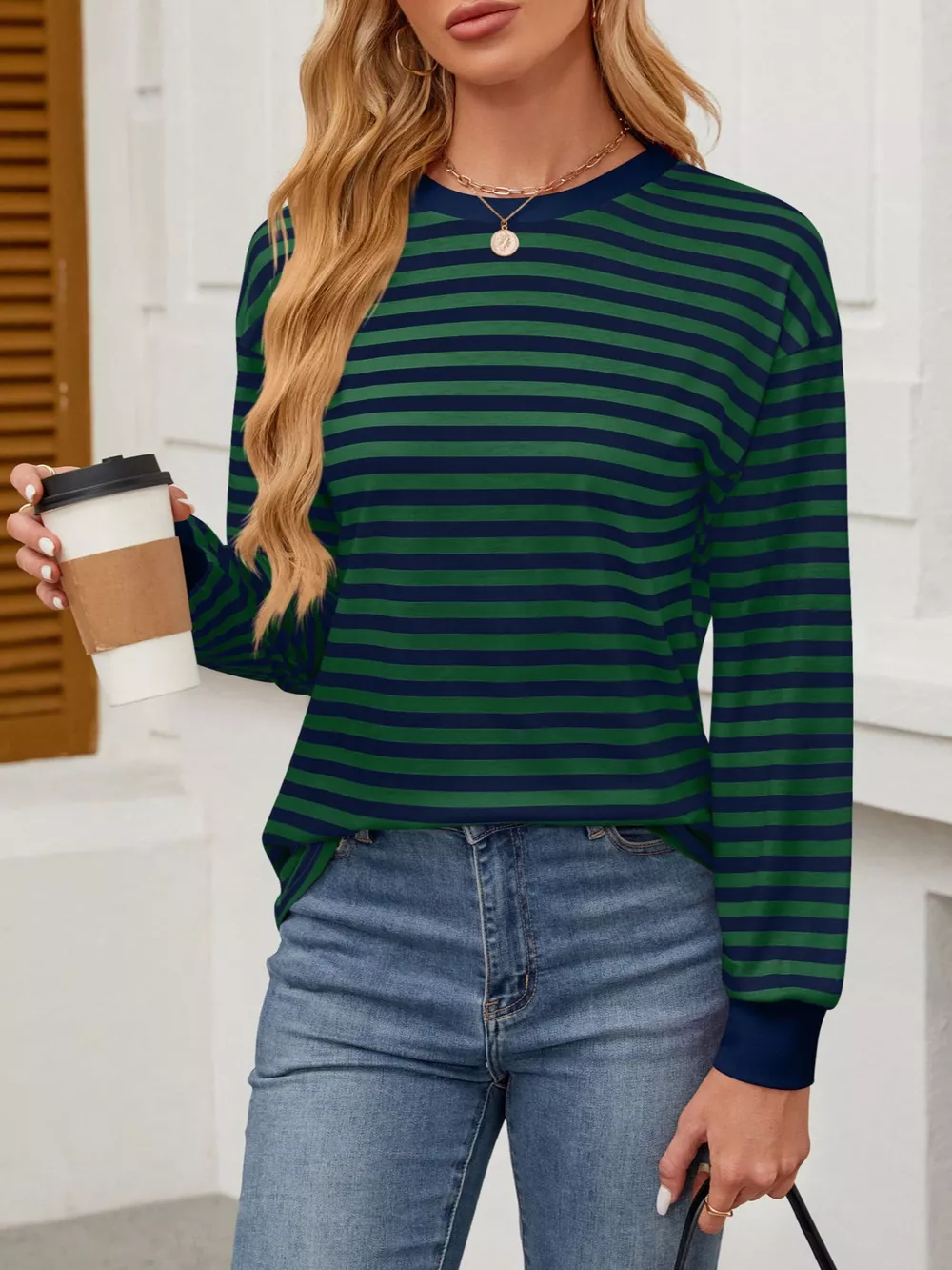 Striped Round Neck Long Sleeve T-Shirt, image 2