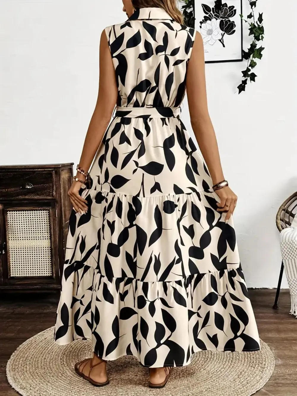 Printed Tie Waist Sleeveless Maxi Dress, image 3