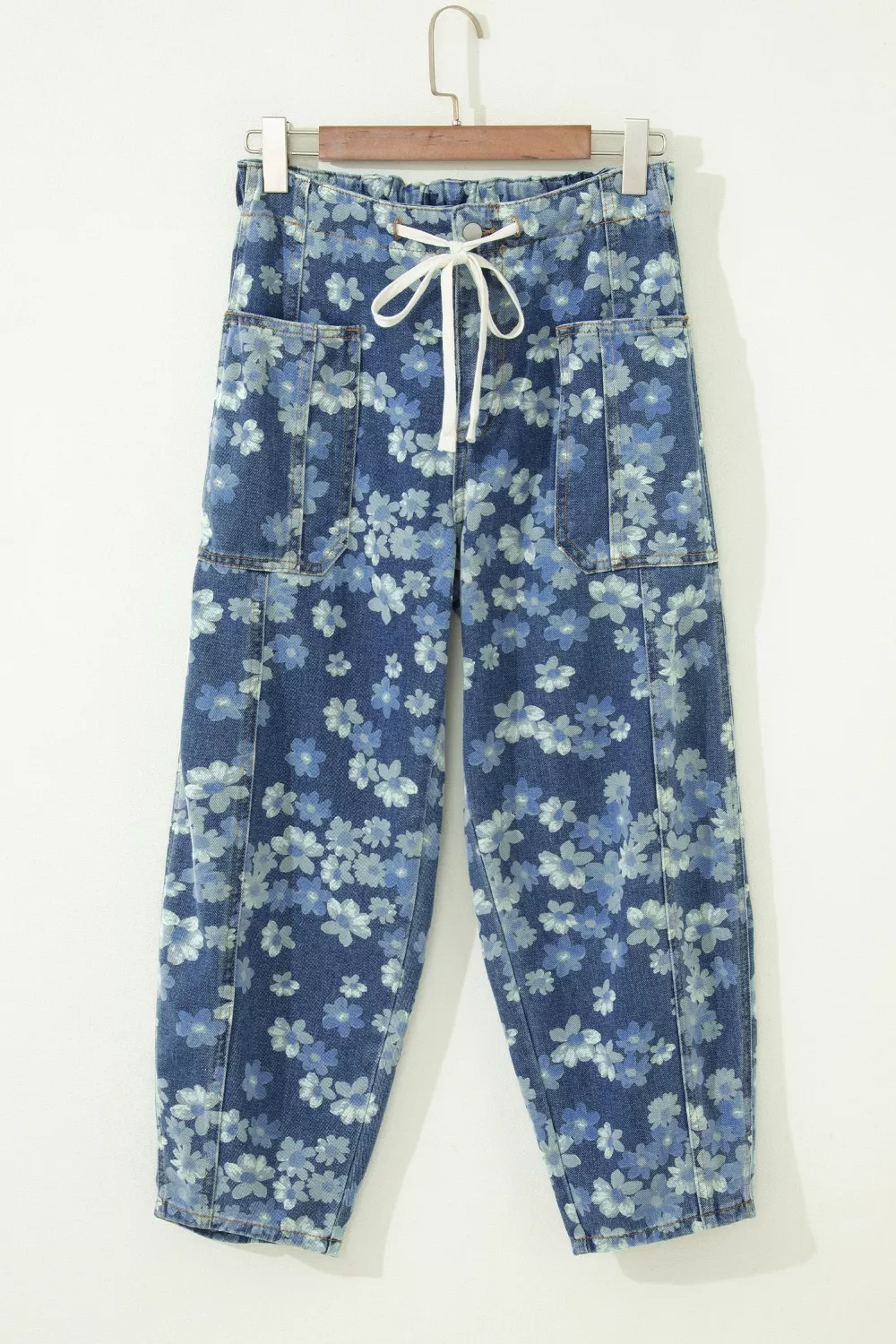 Dainty Floral Printed Drawstring Barrel Jeans, image 5