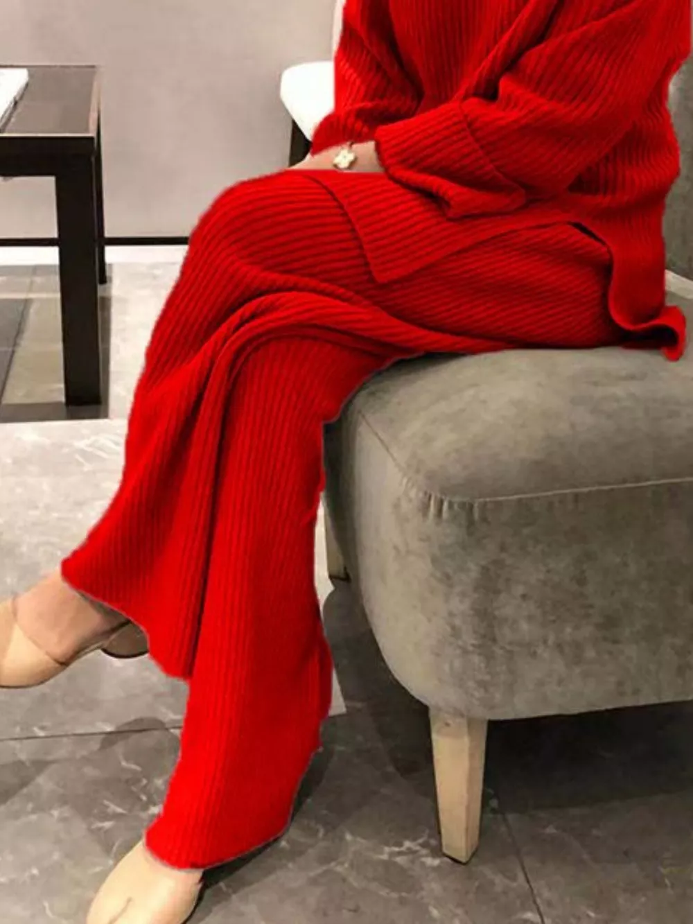 Full Size Ribbed Knit Relaxed Fit Top and Pants Sweater Set Plus Size, image 12