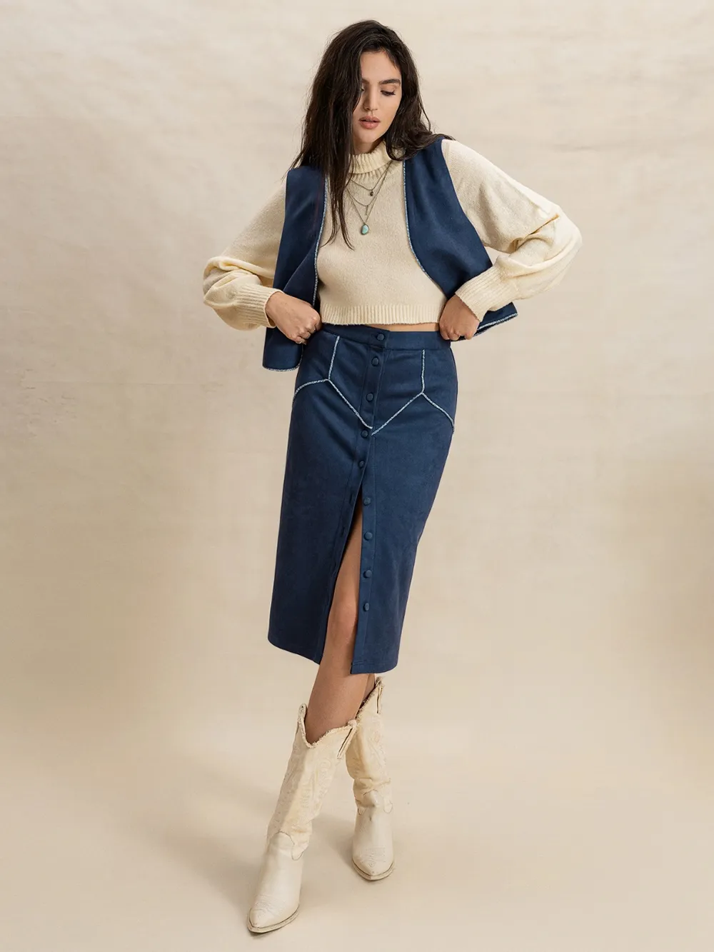 Open Front Vest and Buttoned Skirt Set, image 2