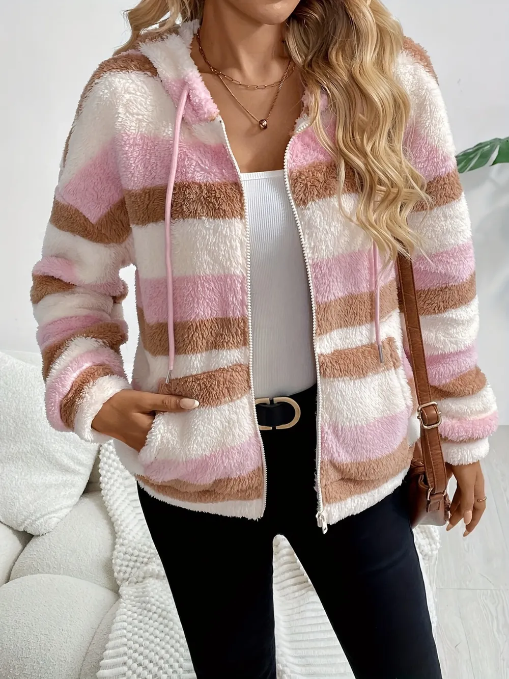 Drawstring Striped Zip Up Hooded Jacket, image 4