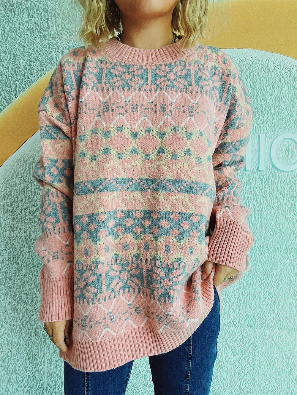 Geometric Round Neck Dropped Shoulder Sweater, image 11