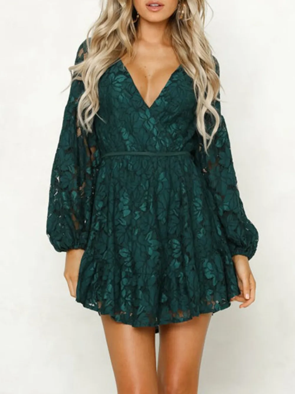 Lace V-Neck Long Sleeve Mini Dress, image 2