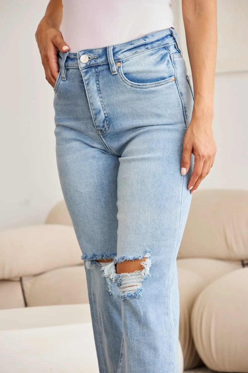 Full Size Tummy Control High Waist Raw Hem Distressed Jeans, image 3