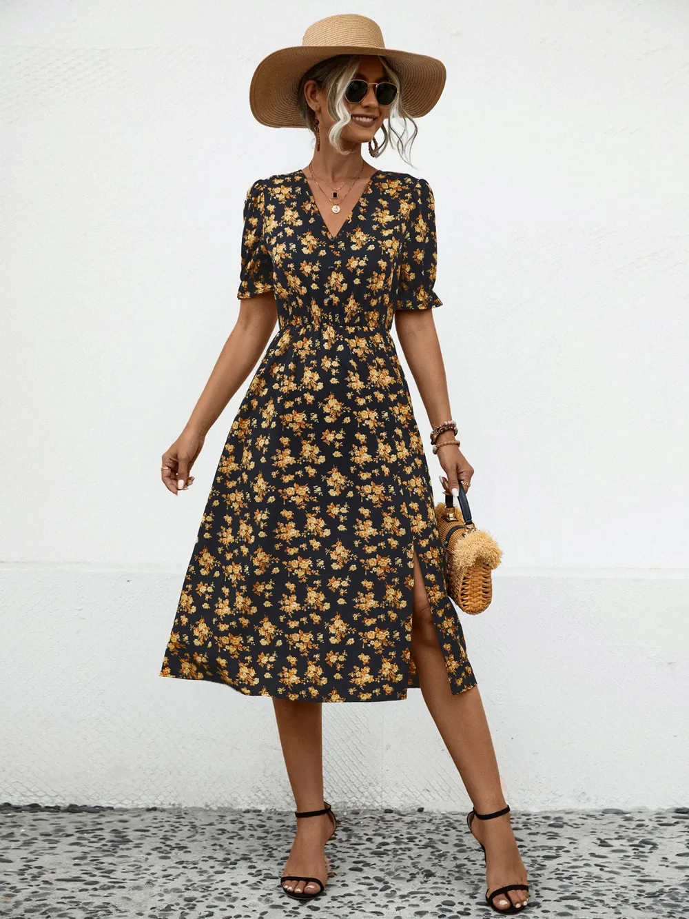 Slit Printed V-Neck Short Sleeve Dress, image 2