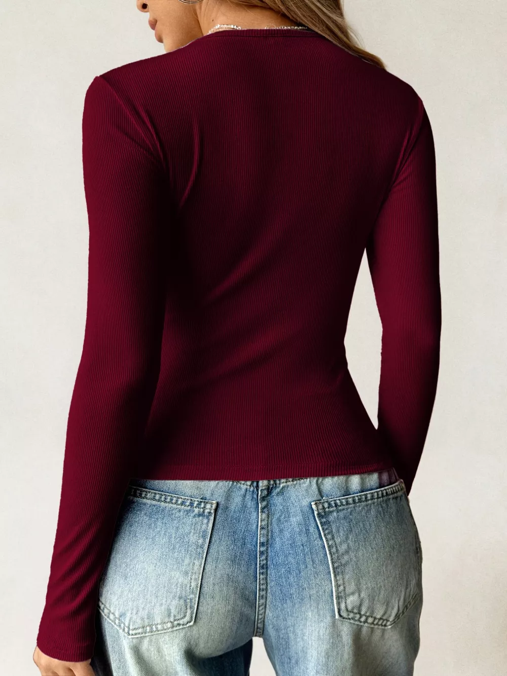 Ribbed Knit Long Sleeve Fitted T-Shirt, image 19