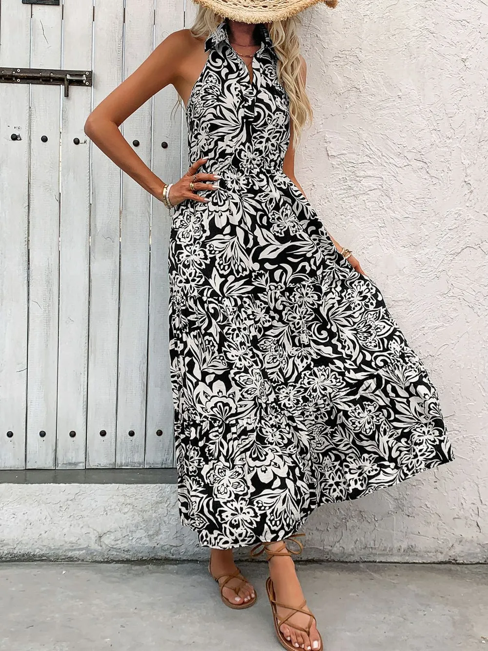 Backless Smocked Printed Sleeveless Midi Dress, image 2