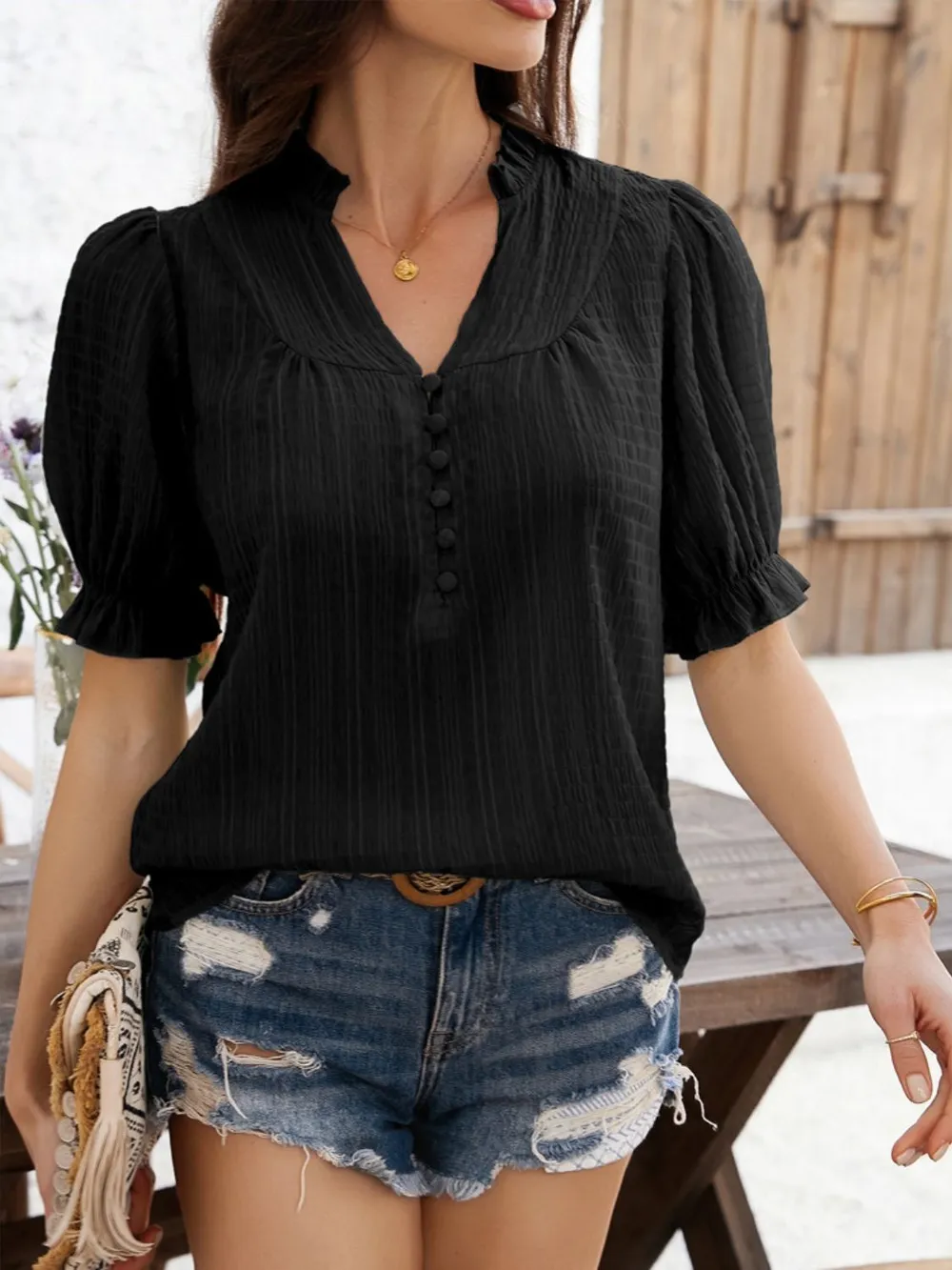 Frill Notched Short Sleeve Blouse, image 10