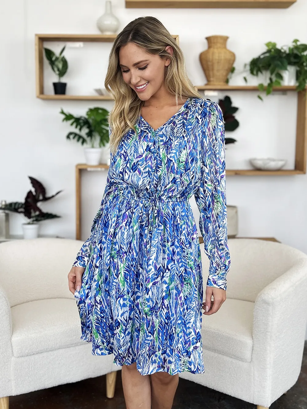 Full Size Printed Drawstring Waist Long Sleeve Dress, image 4