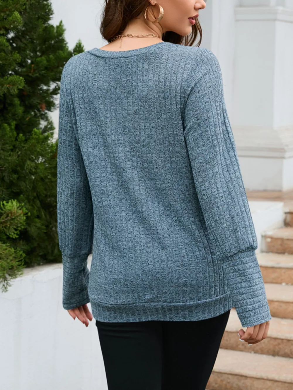 V-Neck Textured Knit Long Sleeve T-Shirt, image 6