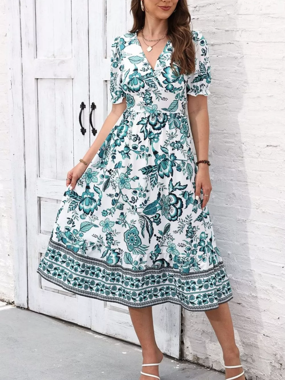 Floral Print Puff Sleeve Wrap Midi Dress, image 10