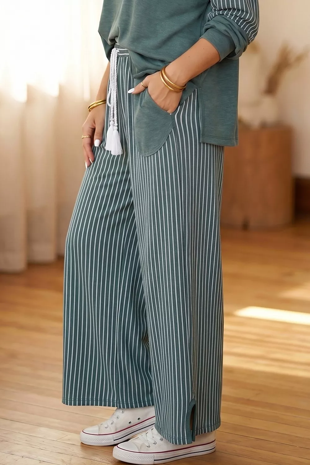 Raw Seam Patchwork Long Sleeve Top Pocket Casual Pants 2pcs Set, image 5