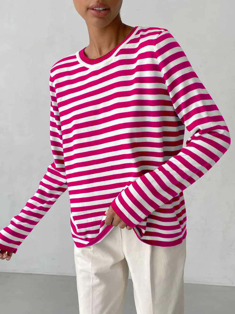 Striped Round Neck Long Sleeve Sweater, image 18