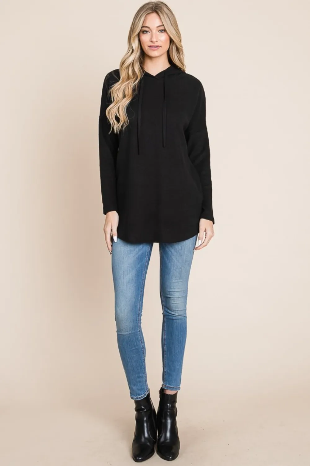 Contrast Drawstring Drop Shoulder Knit Hoodie, image 5