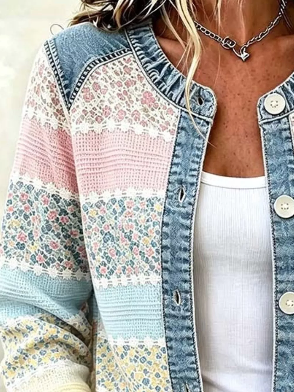 Full Size Floral Patchwork Denim Trim Jacket Plus Size, image 2