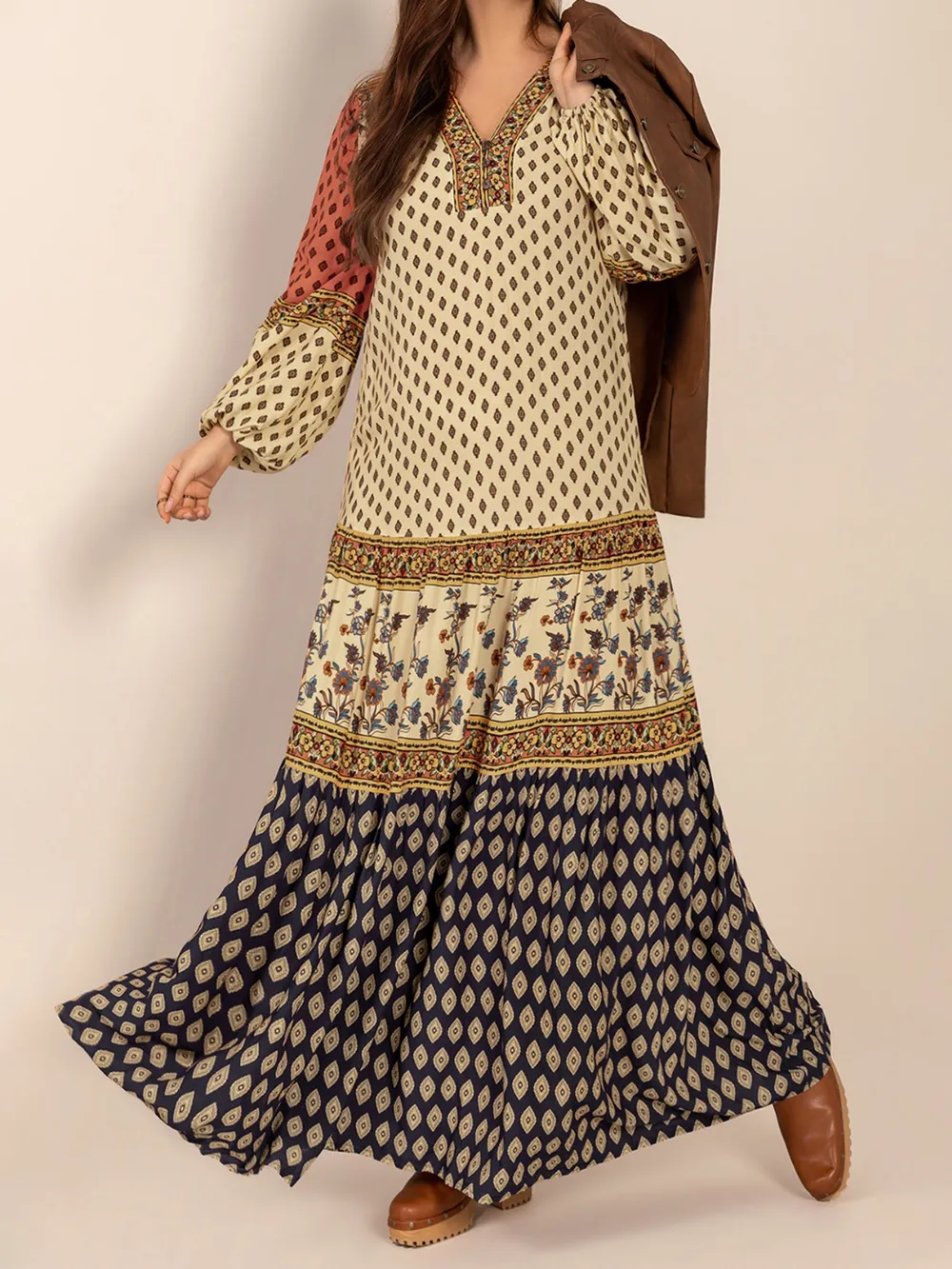 Printed V-Neck Balloon Sleeve Maxi Dress, image 3