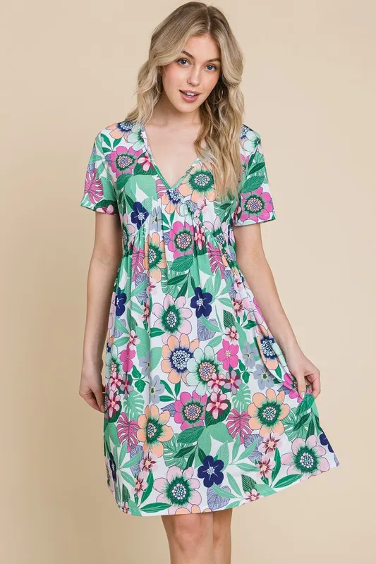 Ruched Floral V-Neck Short Sleeve Dress, image 2