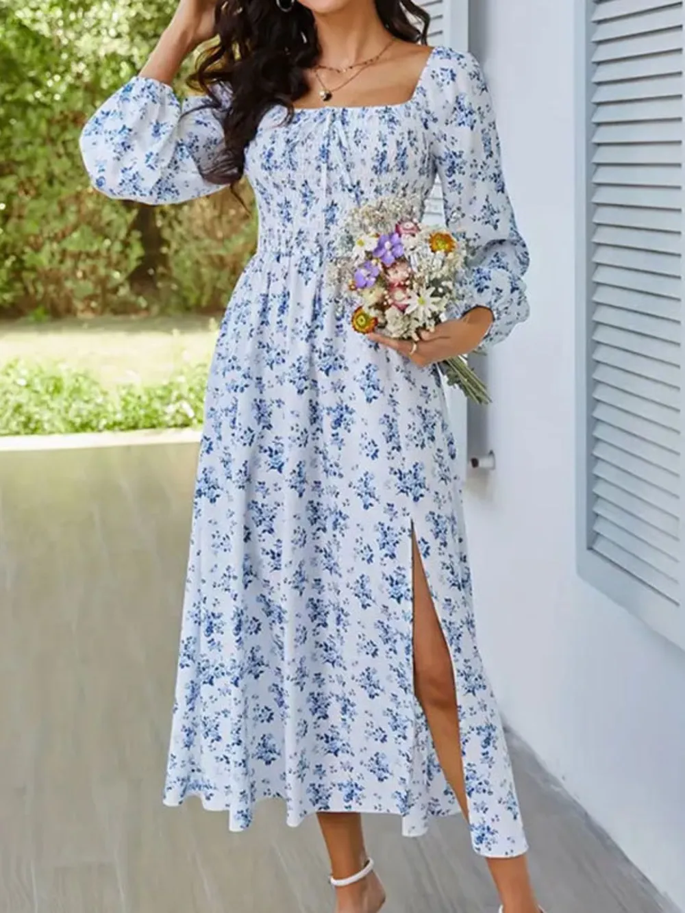 Slit Smocked Floral Square Neck Balloon Sleeve Midi Dress, image 11