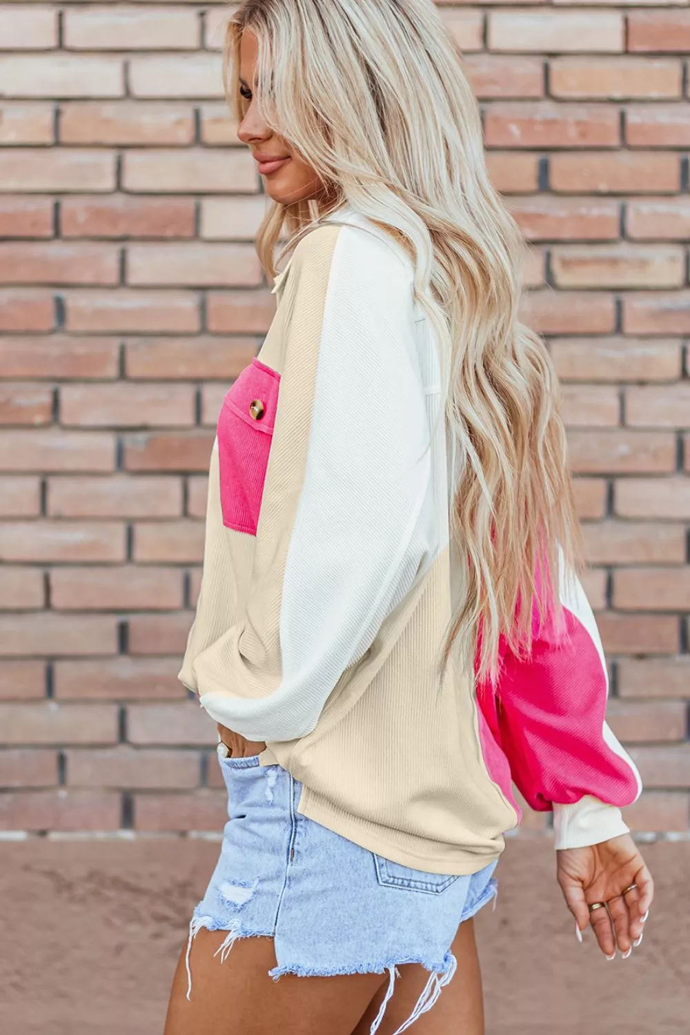 Color Block Collared Neck Long Sleeve Sweatshirt, image 3