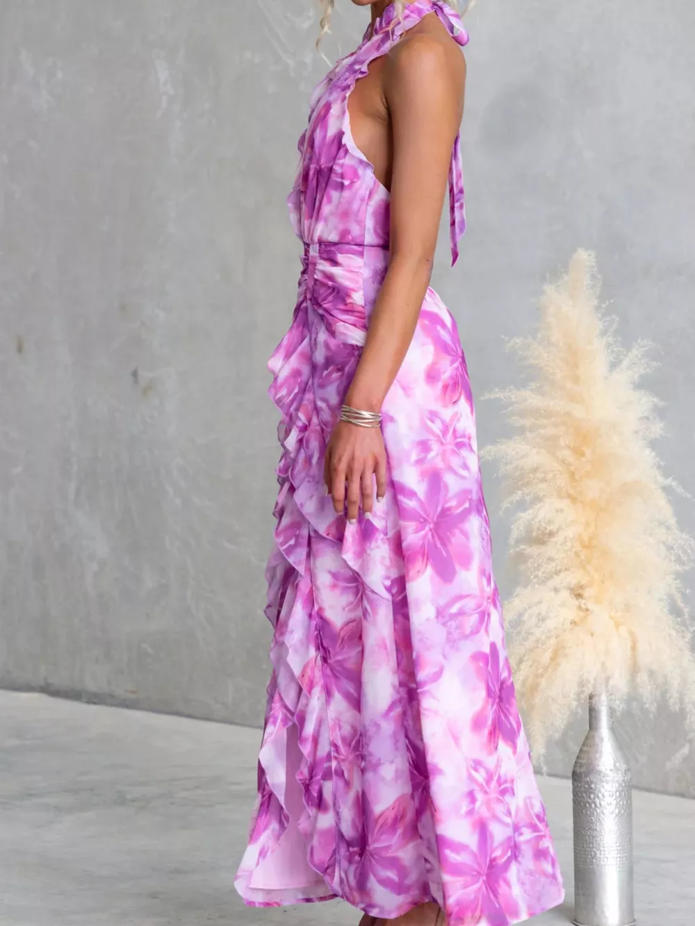Floral Print Ruffle Halter Neck Maxi Dress, image 5