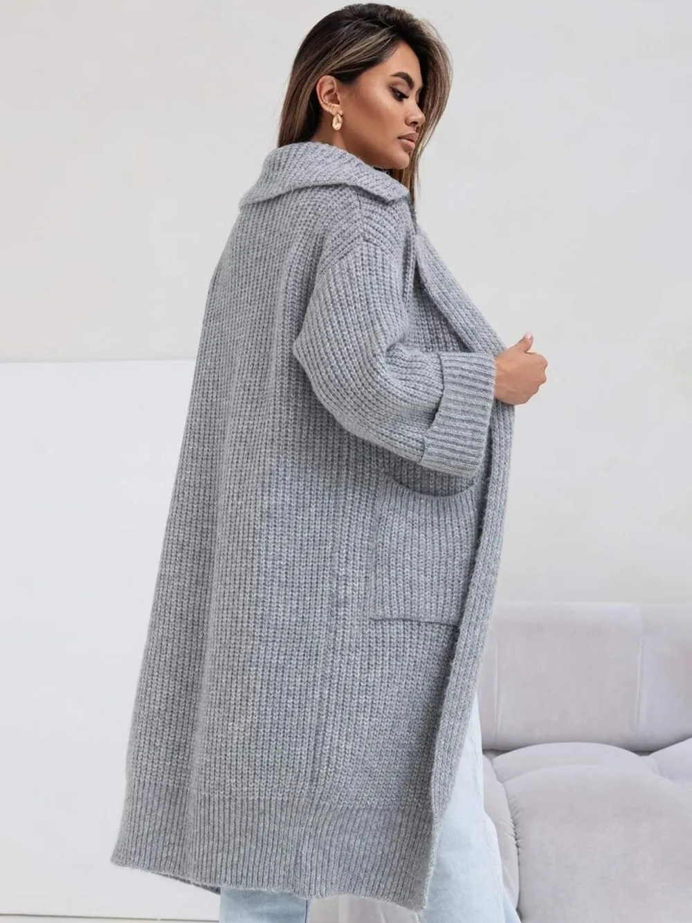 Pocketed Collared Neck Dropped Shoulder Cardigan, image 3