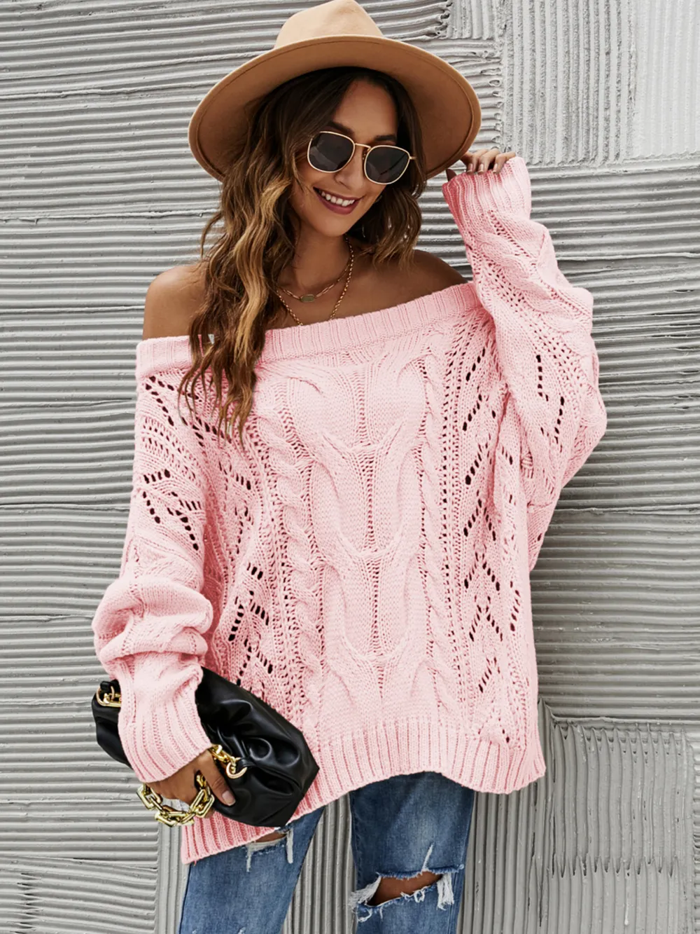 Cable Knit Openwork Off-Shoulder Sweater, image 4