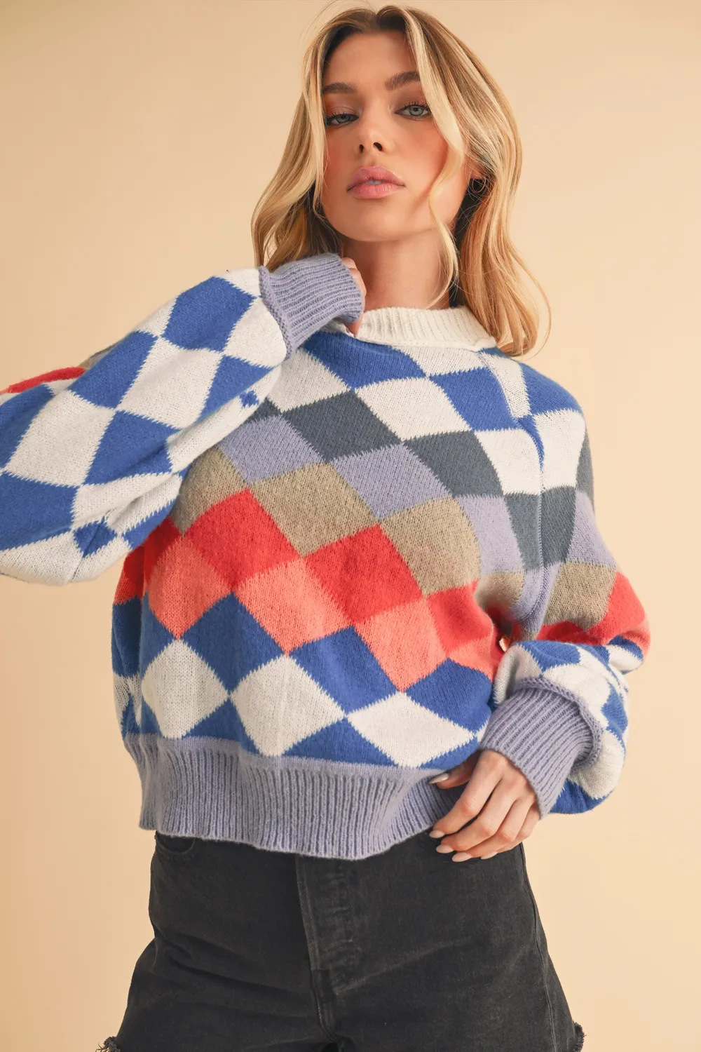 Diamond Mock Neck Raglan Sleeve Sweater
