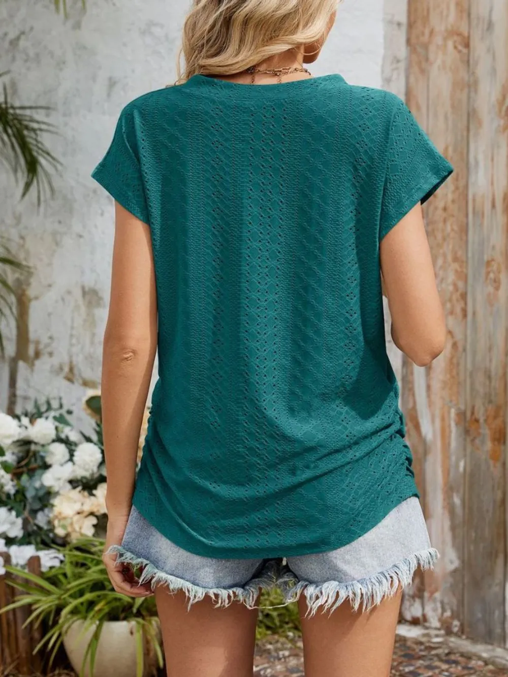 Eyelet V-Neck Short Sleeve Top, image 7