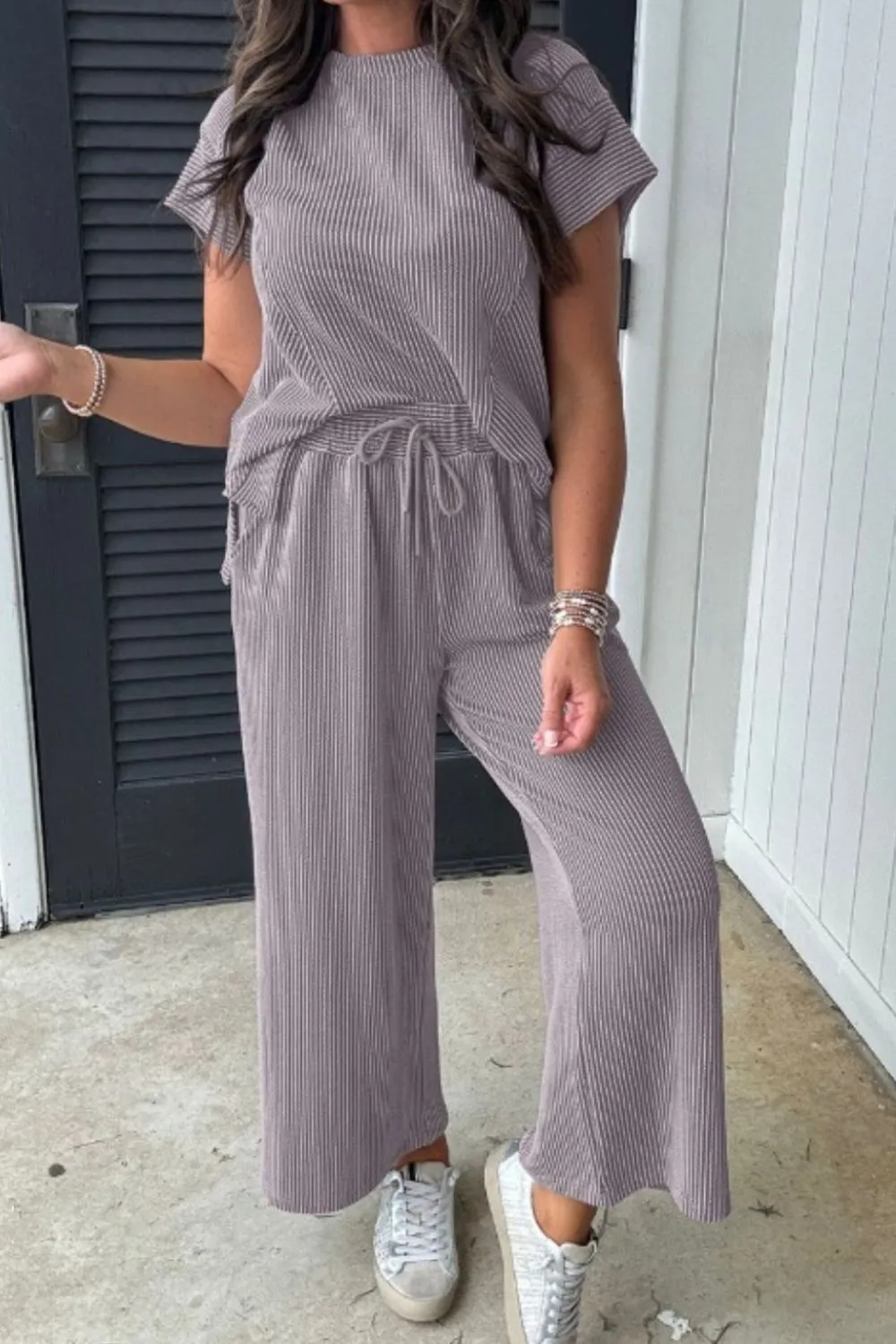 Corded Knit Short Sleeve T-Shirt and Wide Leg Pants Set, image 3