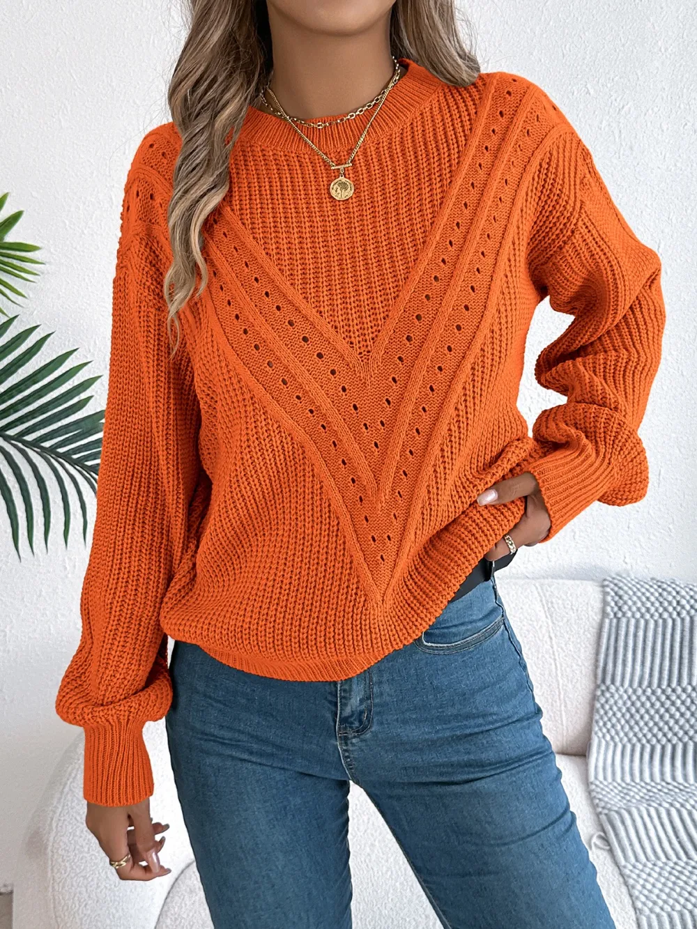 Openwork Round Neck Long Sleeve Sweater, image 8