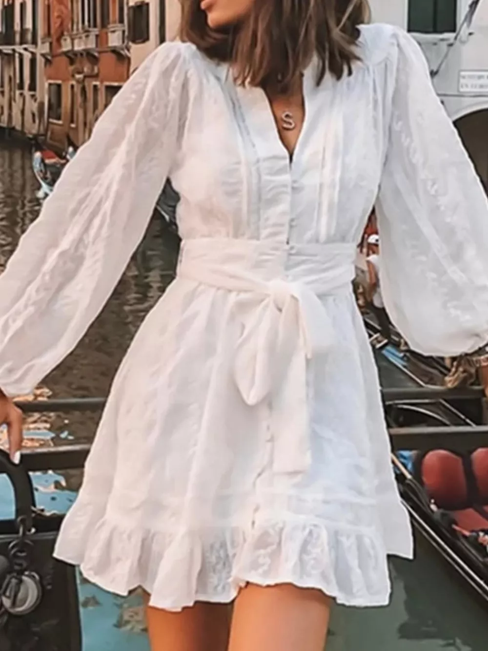 Full Size Ruffled Hem Tie Waist Long Sleeve Dress Plus Size, image 4