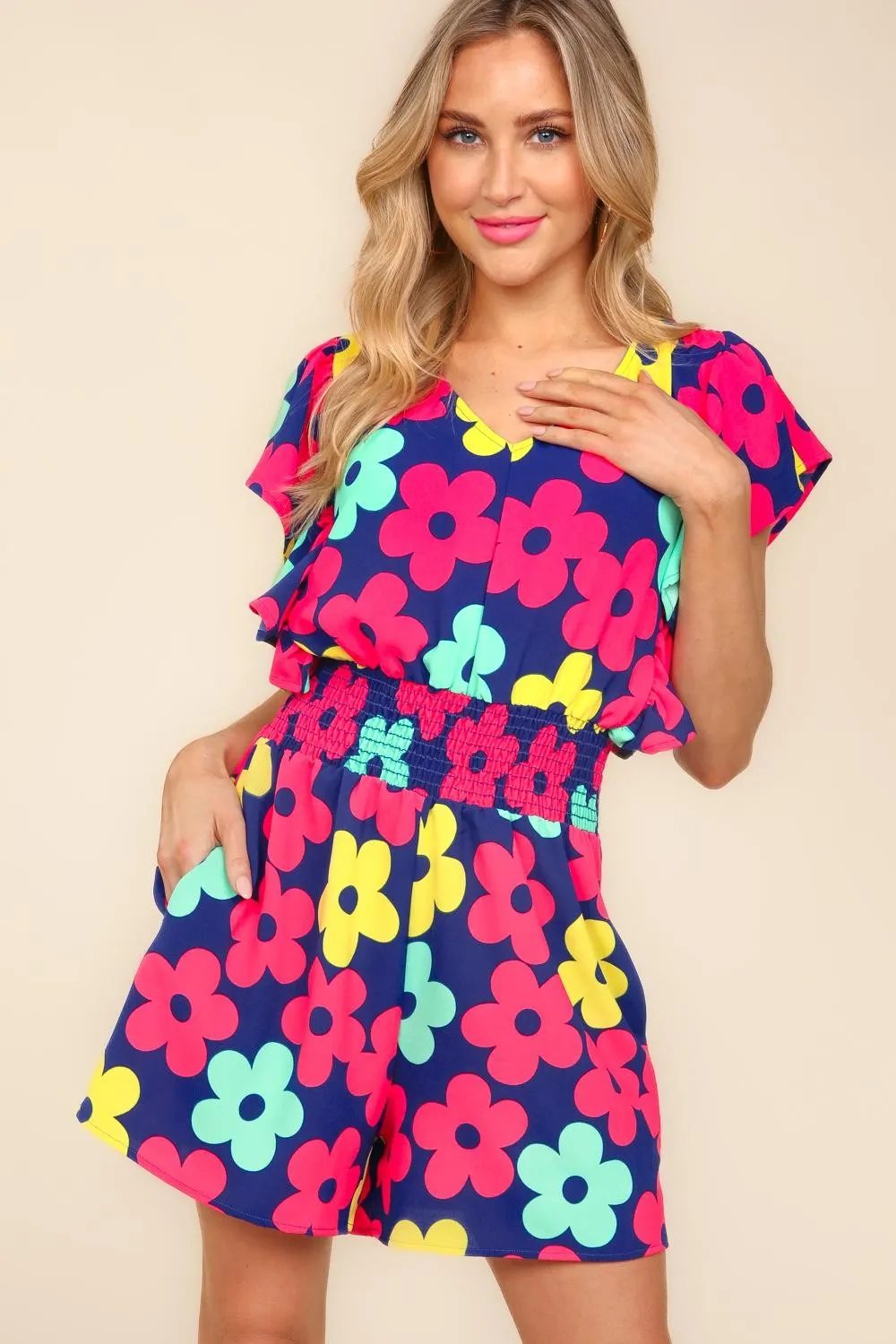 Floral Smocked Waist Romper with Side Pockets, image 4