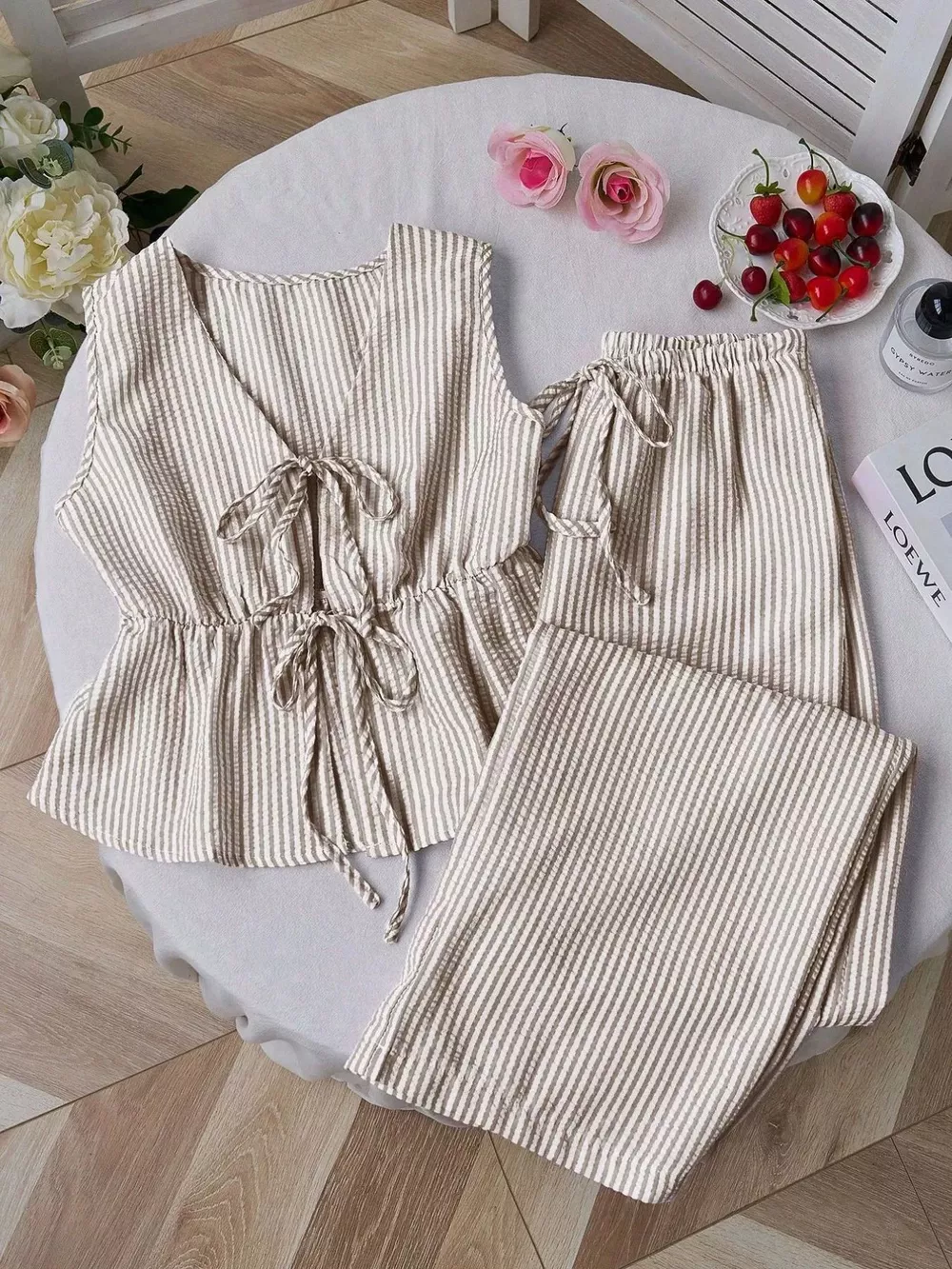 Striped Tie-Front Sleeveless Top and Pants Set, image 5