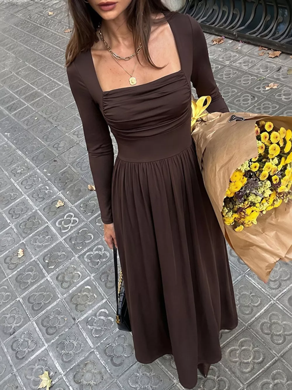 Ruched Square Neck Long Sleeve Maxi Dress, image 5