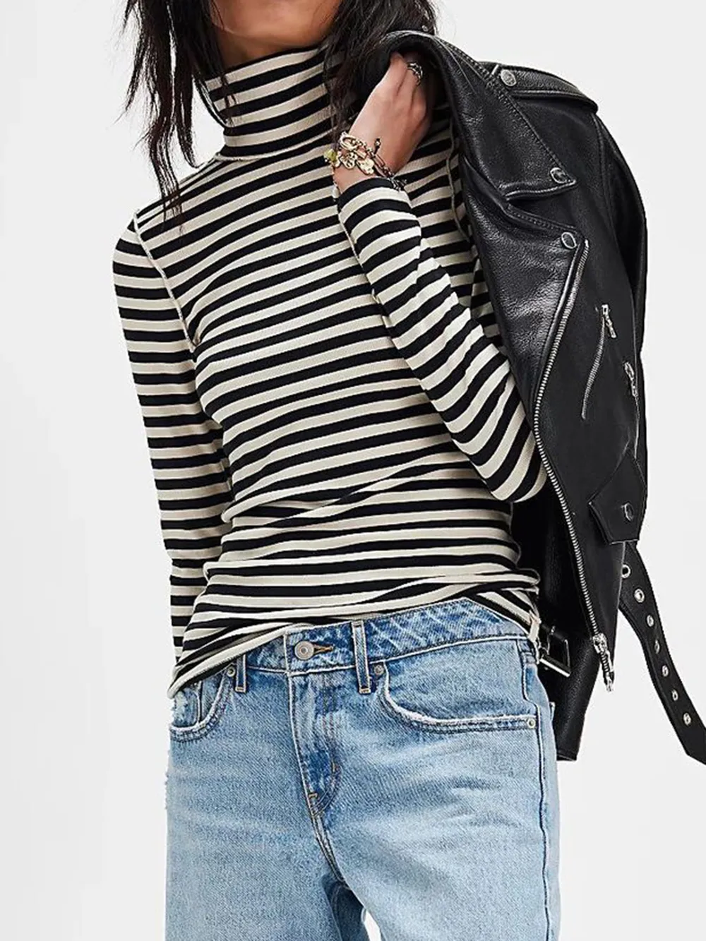 Exposed Seam Striped Turtleneck Long Sleeve T-Shirt, image 4