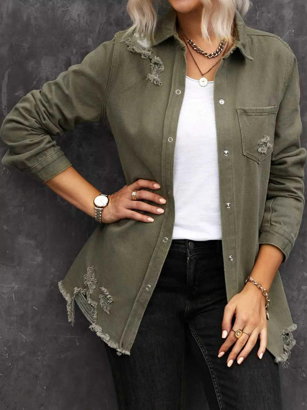 Raw Hem Distressed Denim Shirt Jacket, image 2
