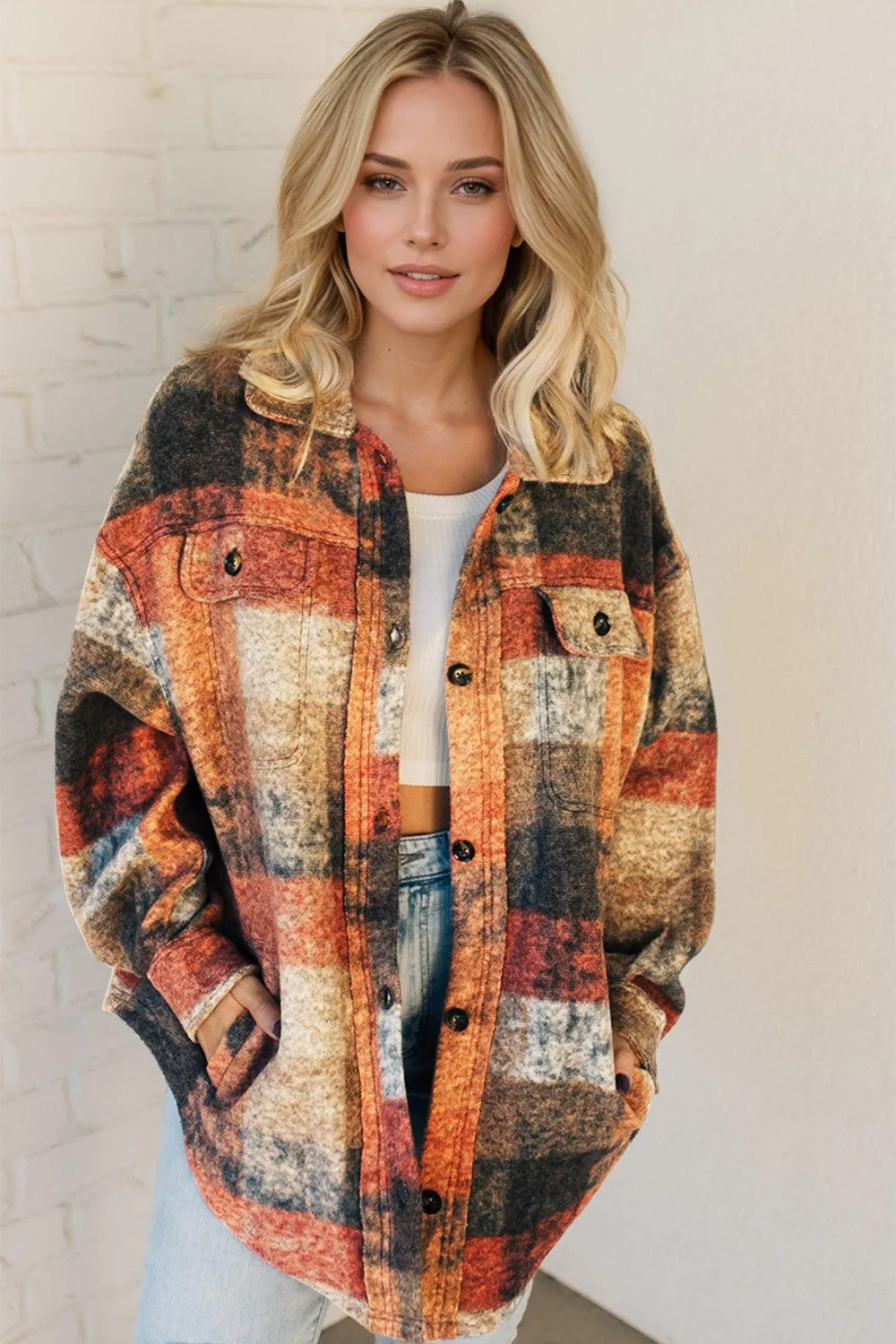 Button Up Plaid Fleece Shacket with Pockets, image 2