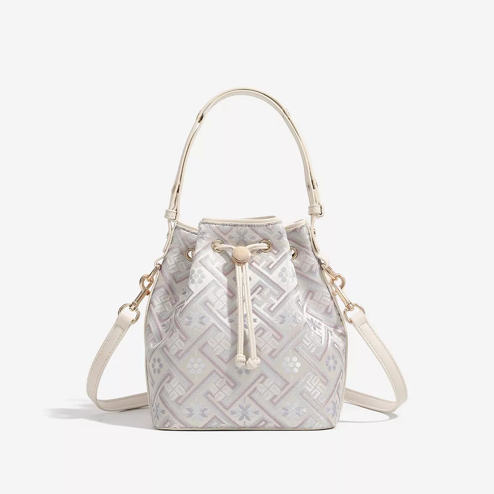 Geometric Pattern Drawstring Crossbody Bucket Bag