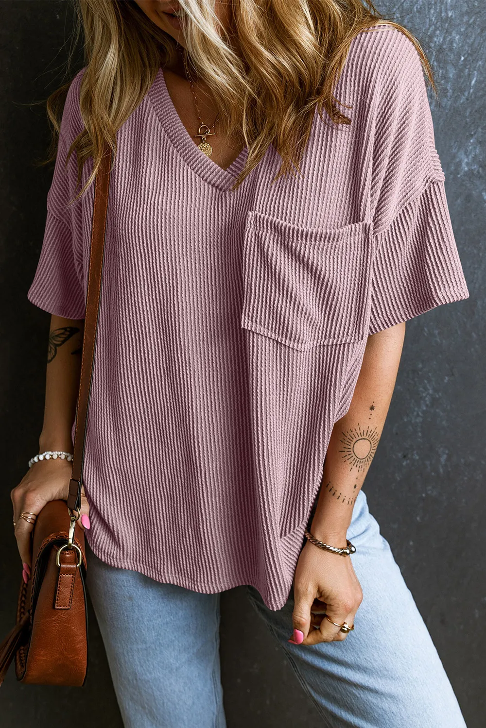 Textured V-Neck Dropped Shoulder T-Shirt, image 6
